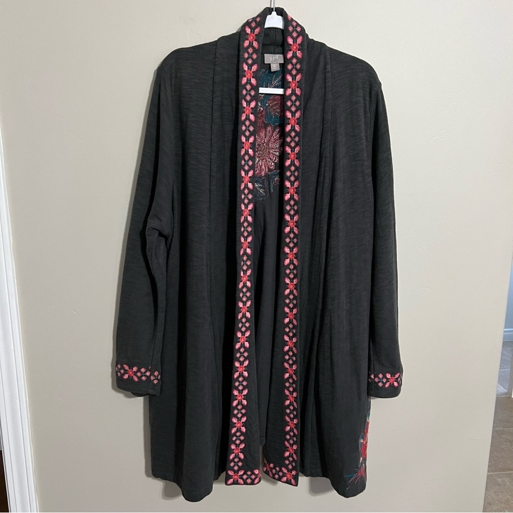 J Jill Gray Floral Embroidered Boho Duster Cardigan size XL Petite